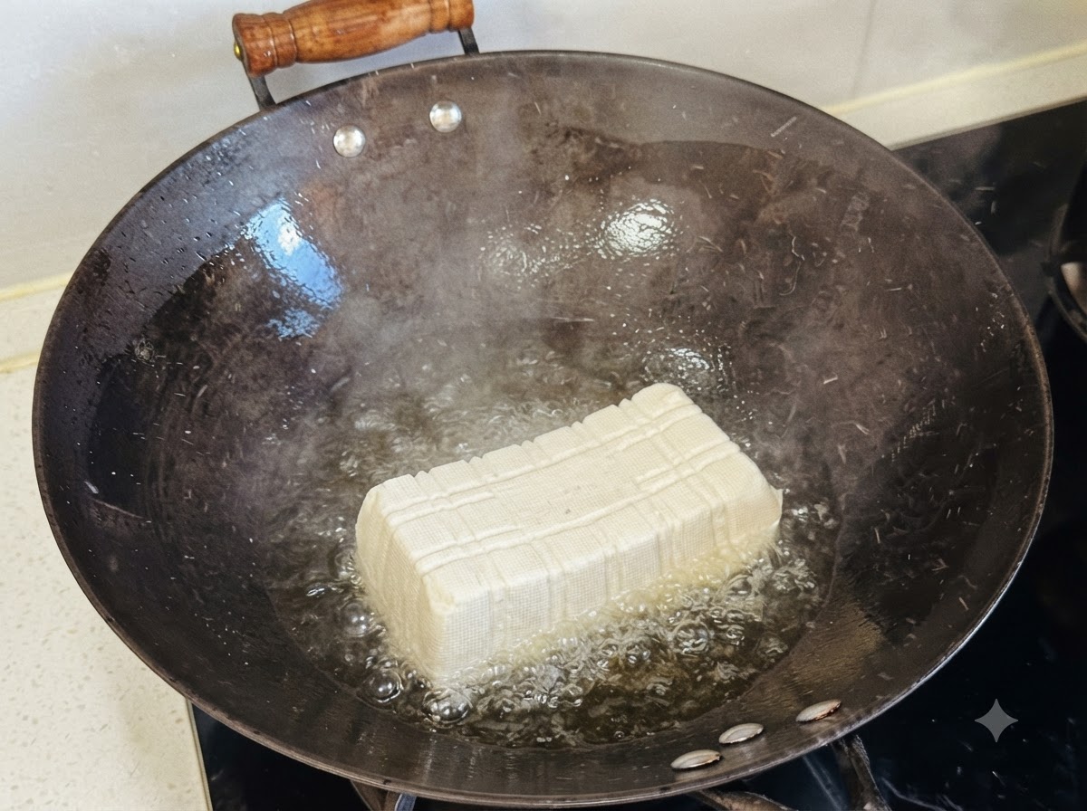 A whole rectangular block of soft tofu sitting in a hot black wok with oil.