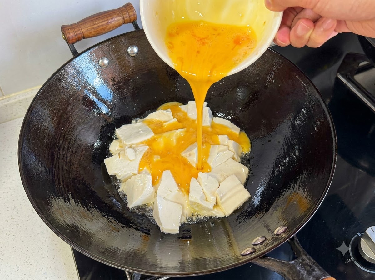 Golden beaten egg liquid being poured from a bowl into the wok surrounding the tofu chunks.