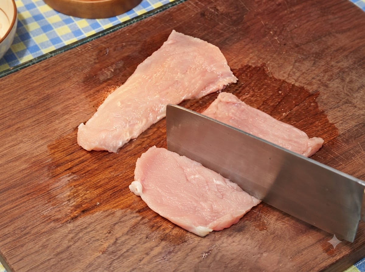 Pork cutlets being flattened and tenderized with the heavy back side of a cleaver on a wooden surface.