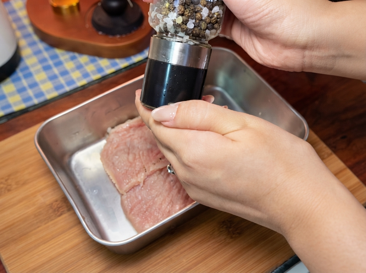Hands operating a pepper grinder to season raw pork cutlets resting in a stainless steel tray.