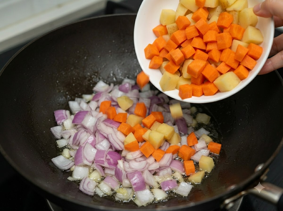 Diced carrots and potatoes being poured from a white plate into the wok with onions.