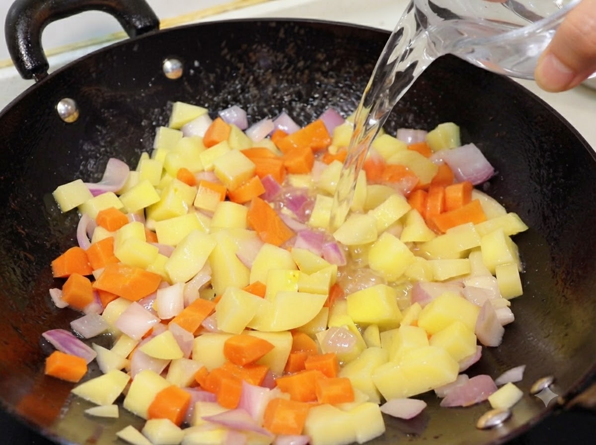 Clear water being poured from a glass measuring cup into the wok filled with vegetables.