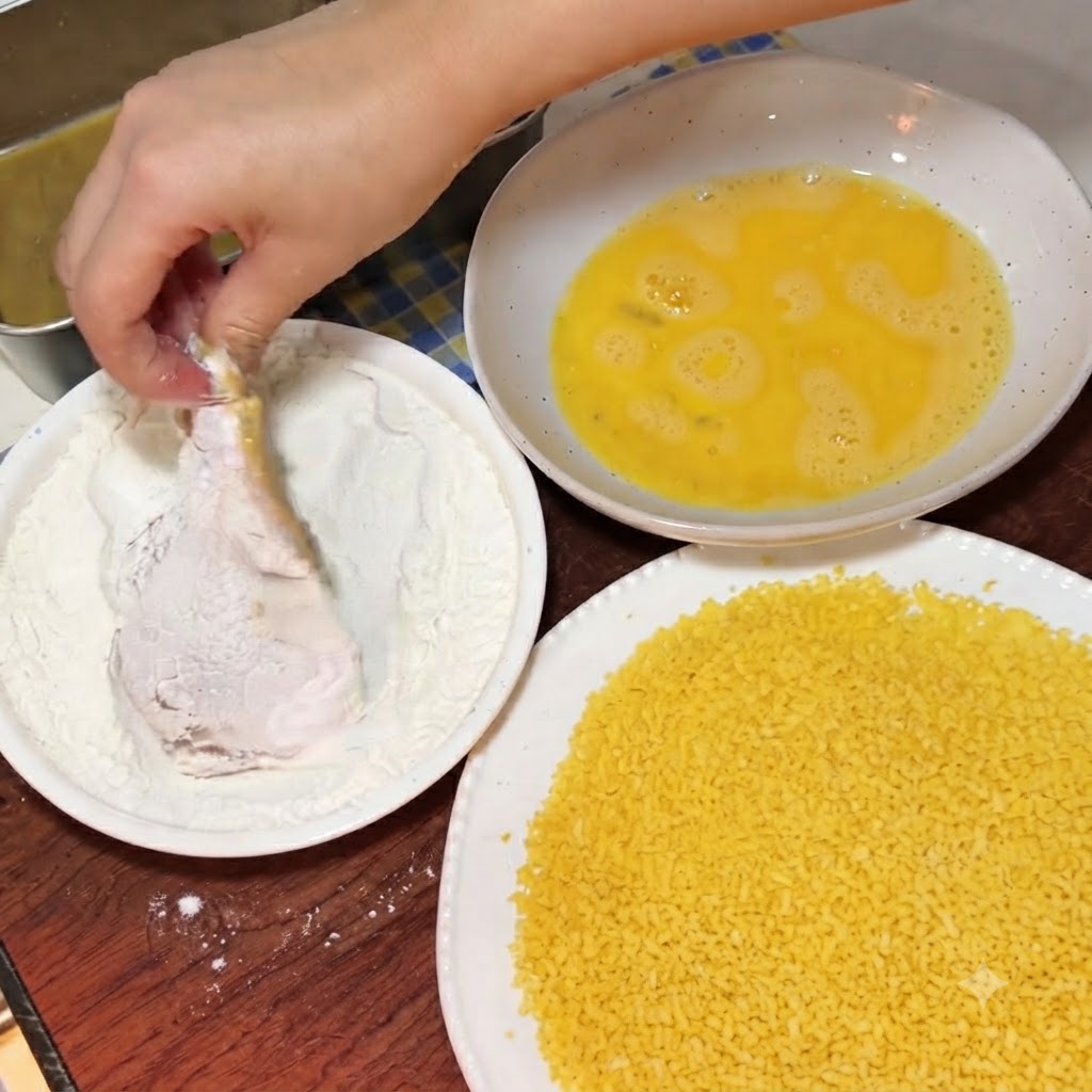 A hand coating a piece of raw meat in a white bowl filled with flour.
