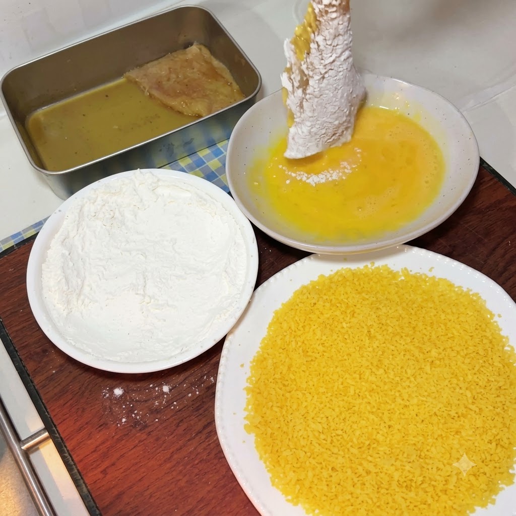 A floured pork cutlet being lifted out and dipped into a bowl of golden beaten egg liquid.