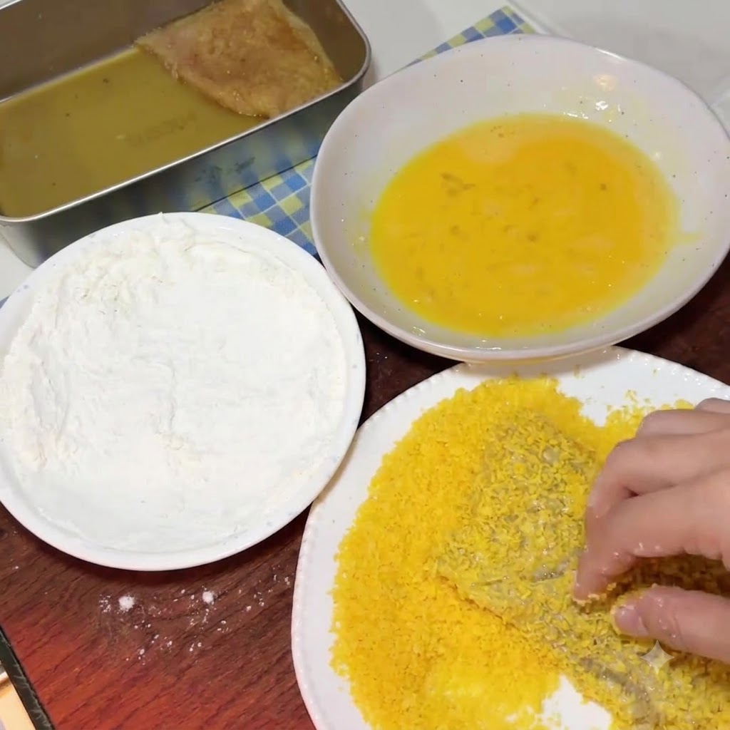 An egg-coated pork cutlet being pressed firmly into a plate of bright yellow breadcrumbs.