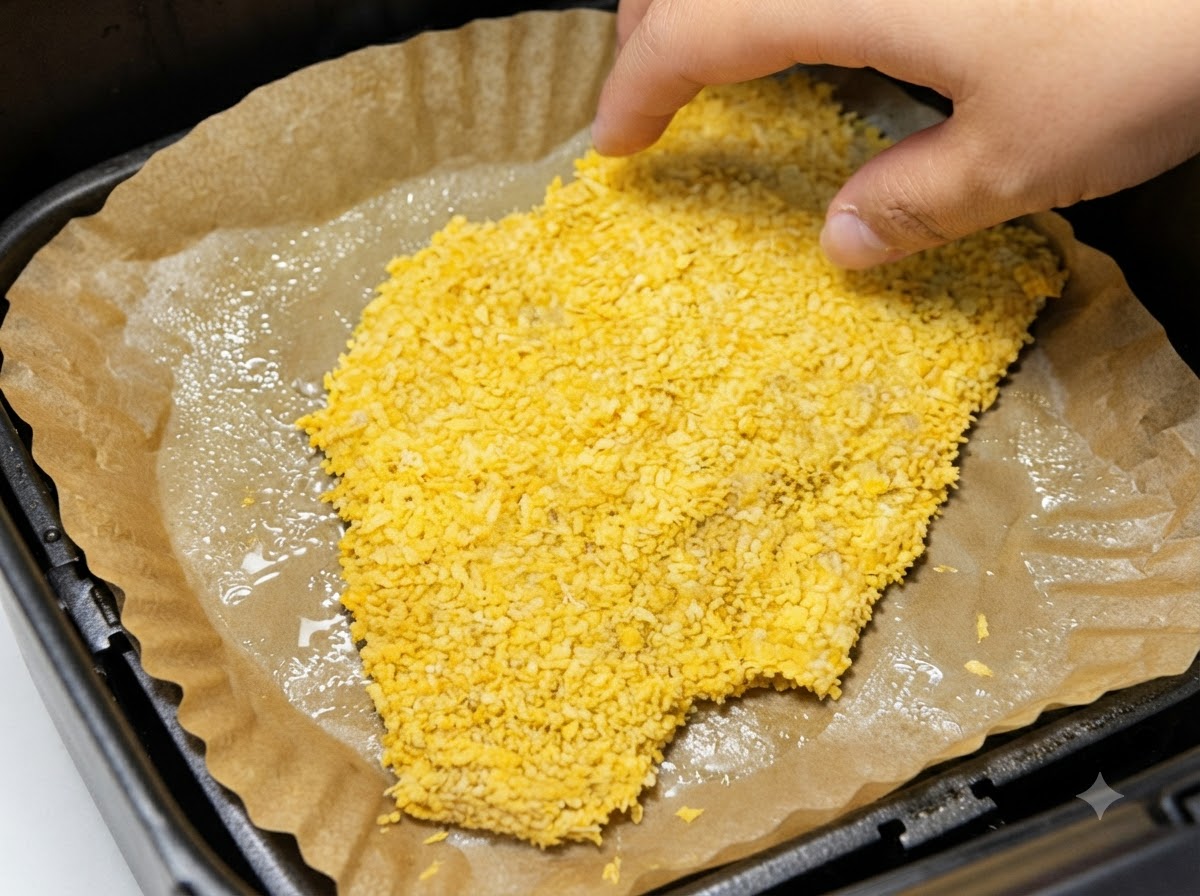 A fully breaded pork cutlet being laid down onto oil-sprayed parchment paper inside an air fryer basket.