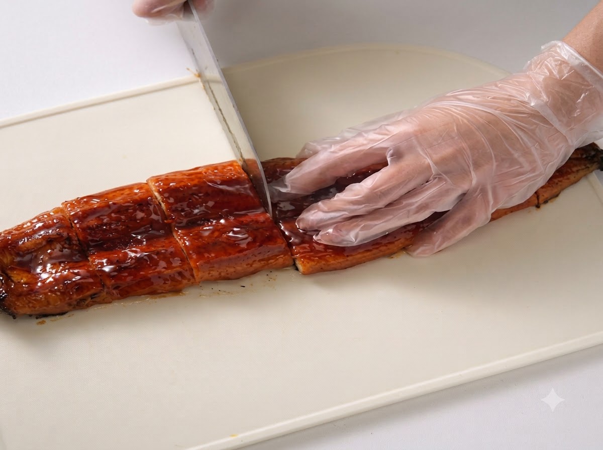 A close-up of a grilled eel being sliced into uniform pieces on a white cutting board.