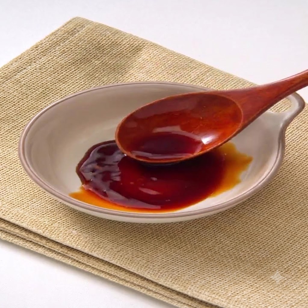 A small ceramic bowl containing a blend of dark and light soy sauces alongside a wooden spoon.