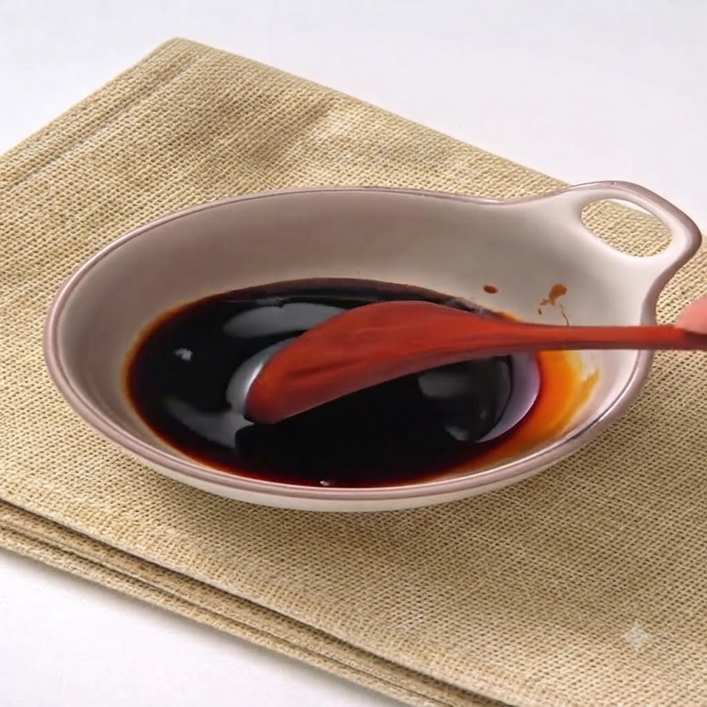 A wooden spoon mixing the dark sauce ingredients inside a shallow bowl resting on a textured mat.