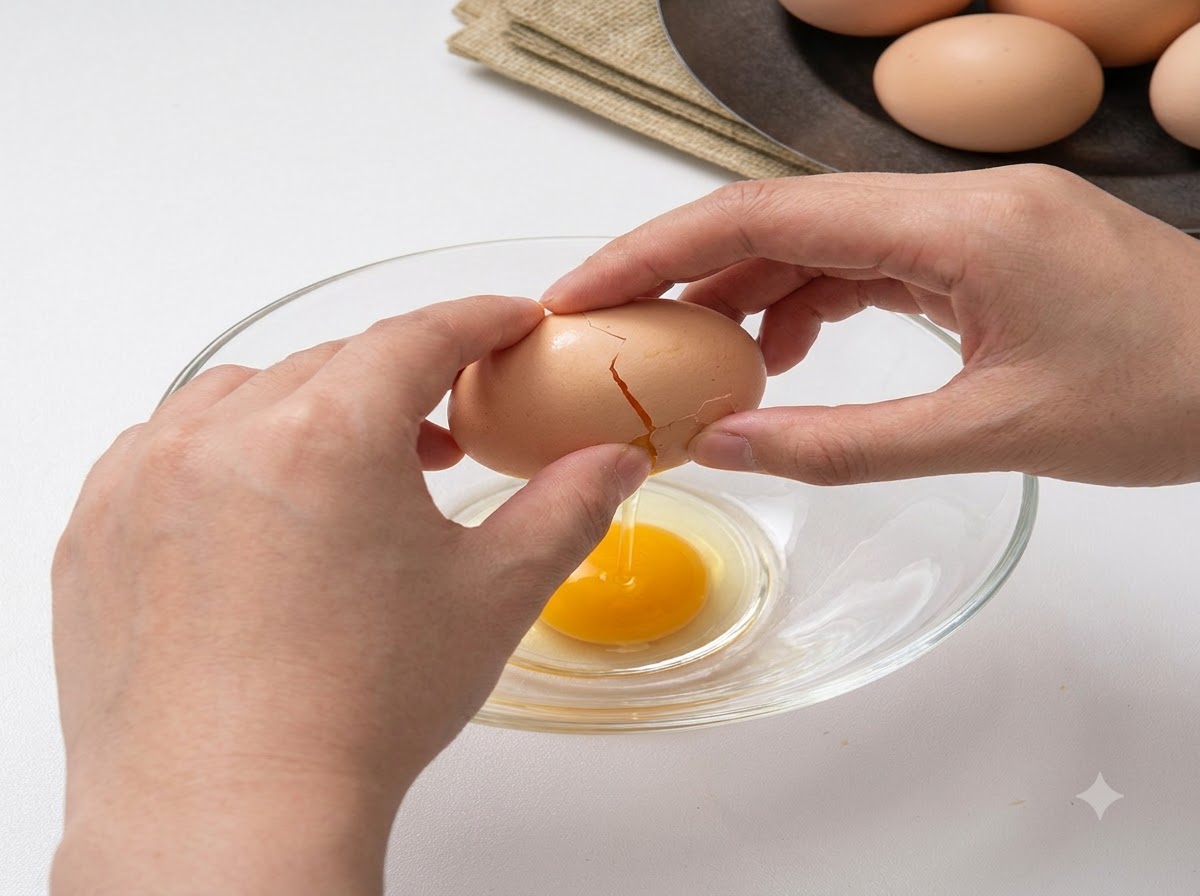 Hands cracking an egg open over a transparent glass bowl with an egg yolk dropping inside.
