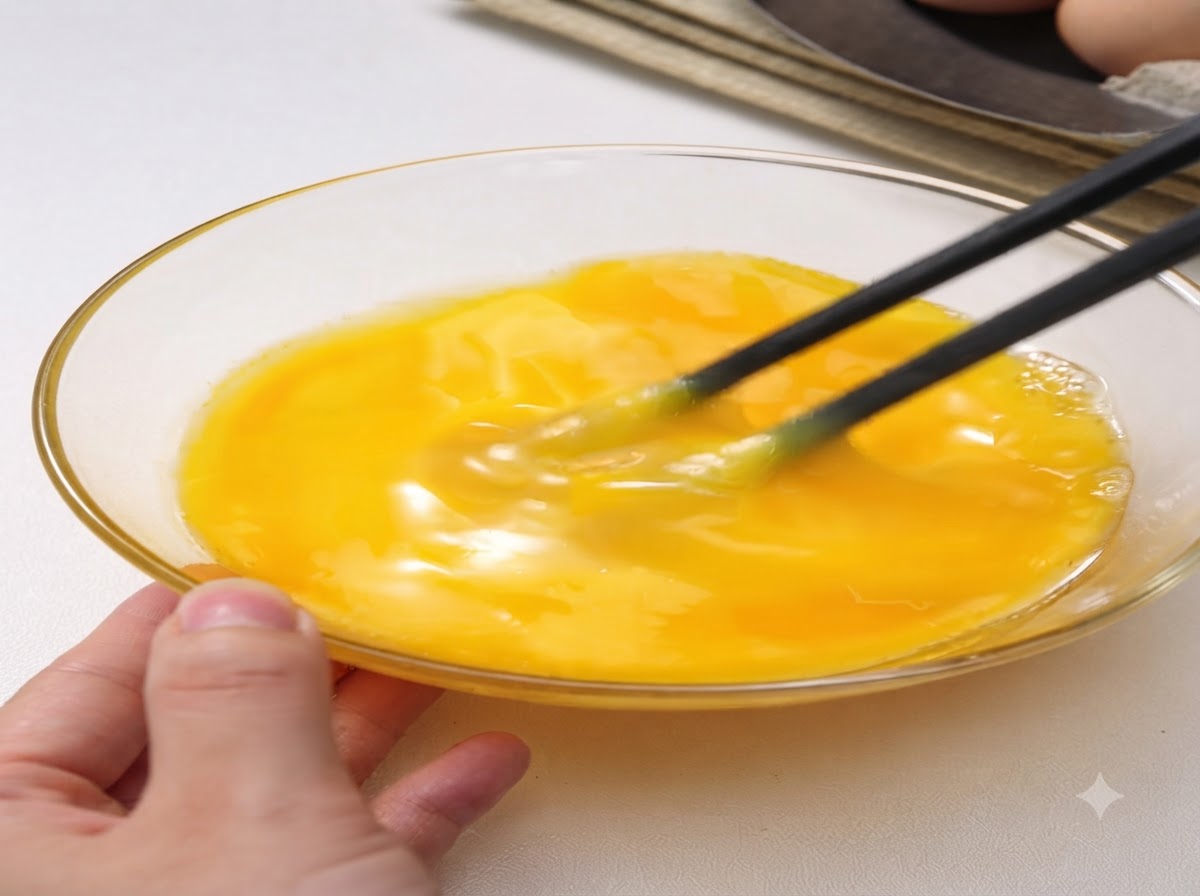 A pair of black chopsticks beating raw eggs inside a glass bowl to create an even yellow mixture.