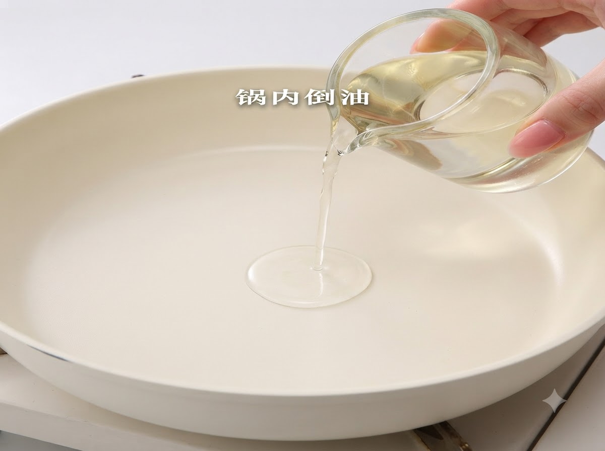 Cooking oil being poured from a small clear glass pitcher into the center of a clean white frying pan.
