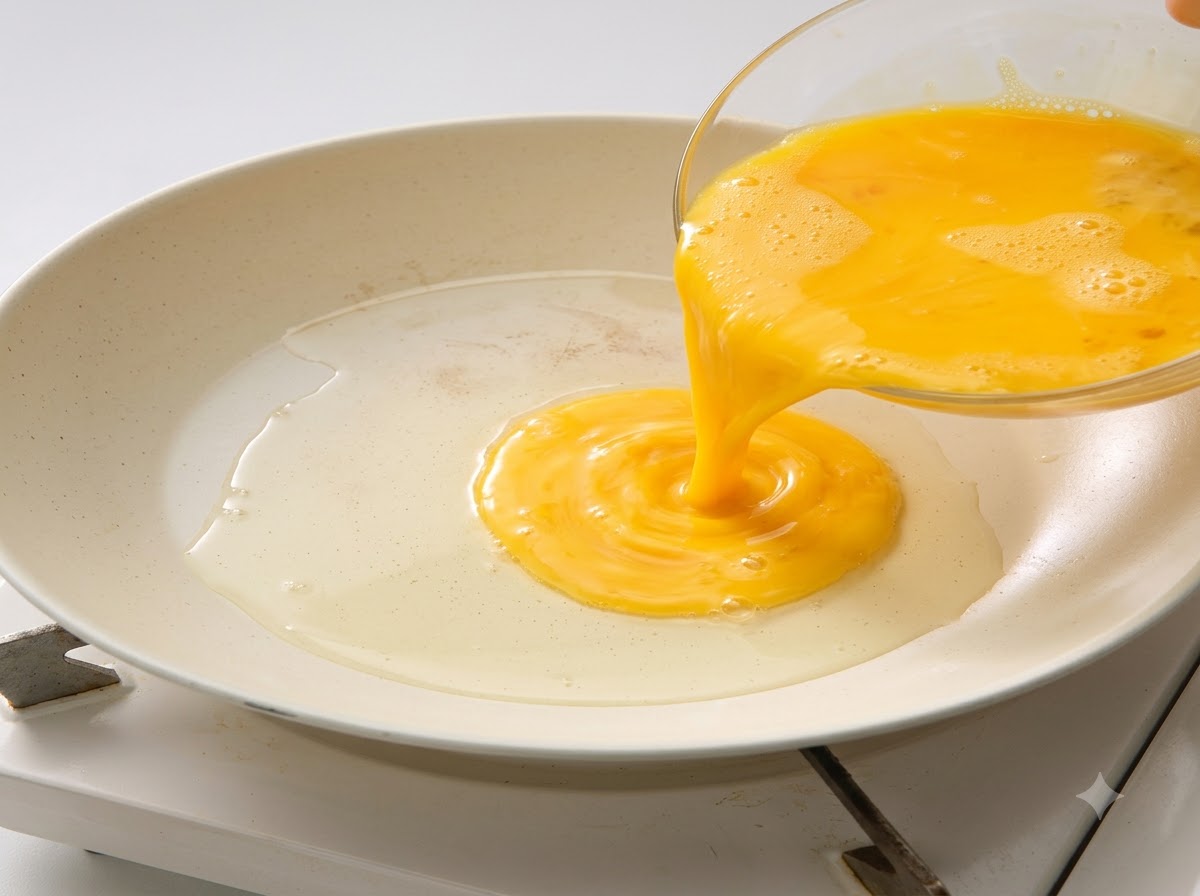 Beaten yellow eggs being poured from a glass bowl into a hot white pan with oil.