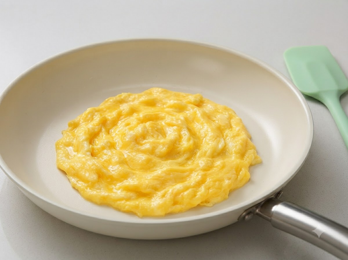 Soft, creamy scrambled eggs gathered in the middle of a white pan next to a light green silicone spatula.