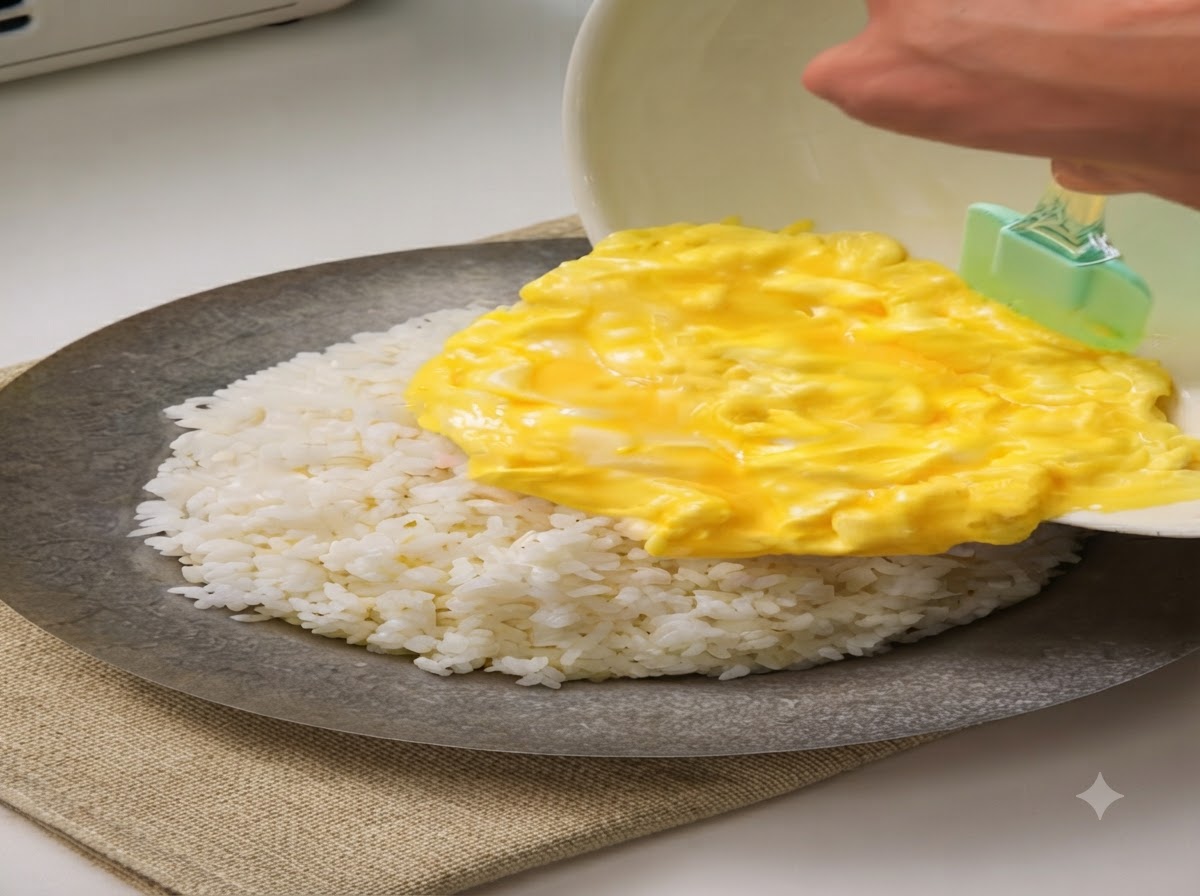 Soft scrambled eggs being slid from a white bowl onto a large platter of steamed white rice.