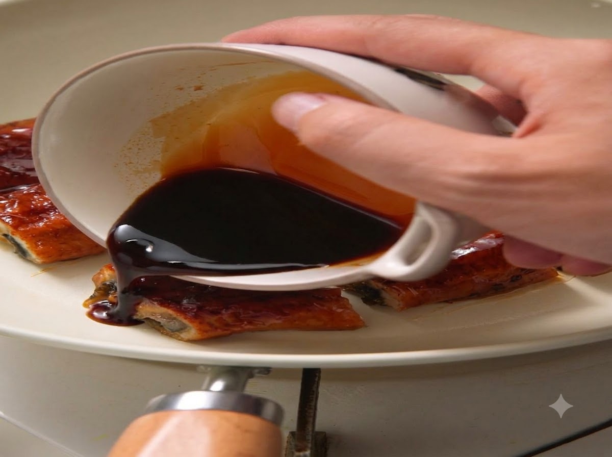 Dark sweet sauce being poured from a small bowl over glazed eel pieces inside a white pan.