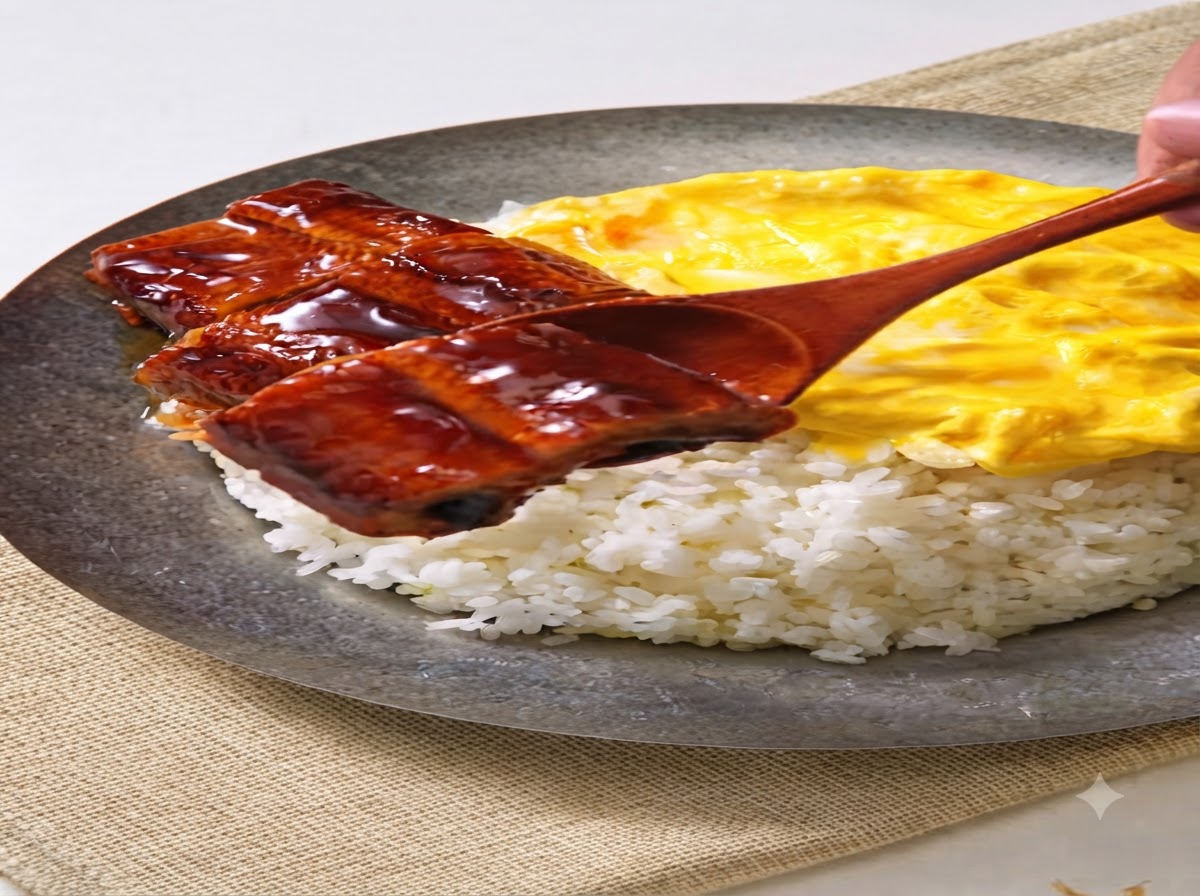 A wooden spoon lifting a piece of glazed eel over a plate of rice and scrambled eggs.