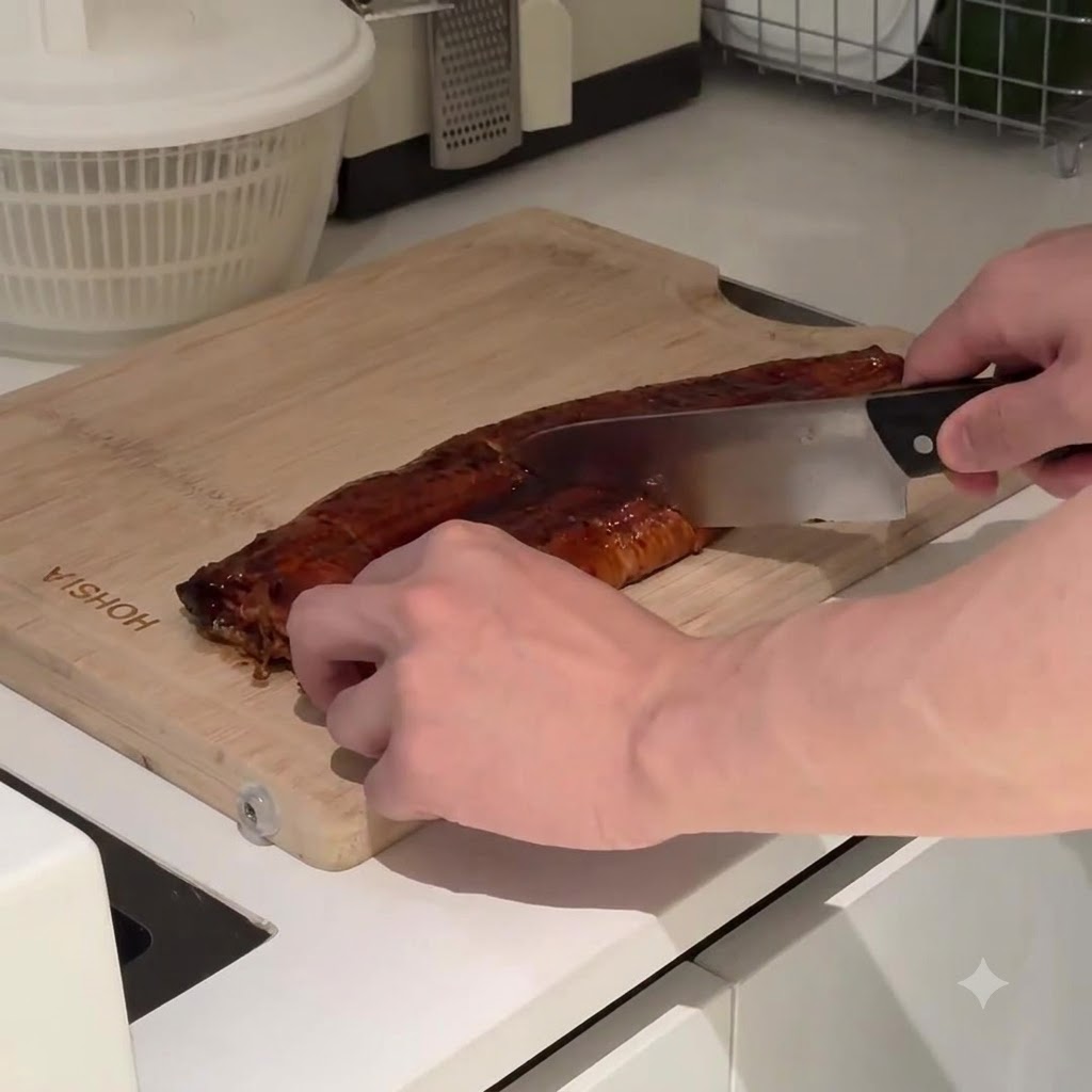 A sharp knife cutting a glazed eel into small segments on a wooden cutting board.