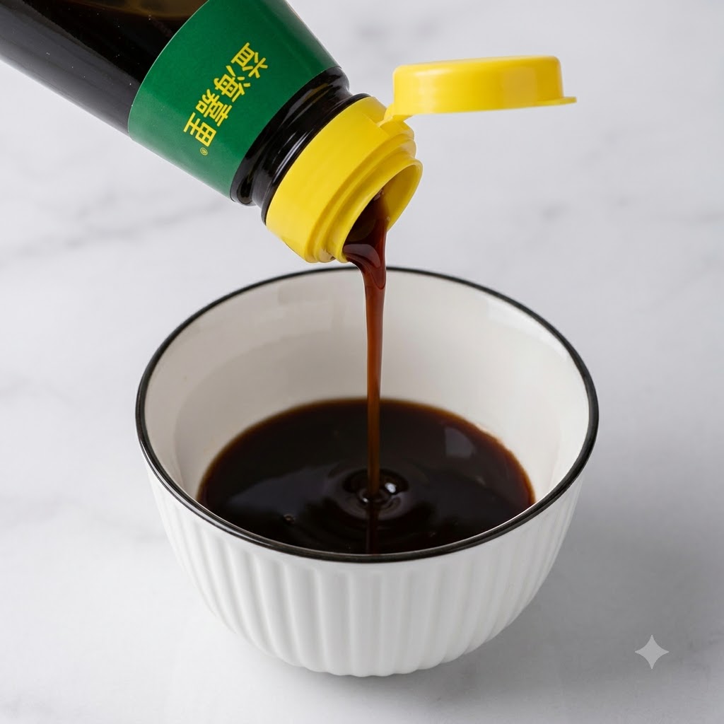Dark sauce being poured from a bottle into a small white bowl to create a savory seasoning blend.
