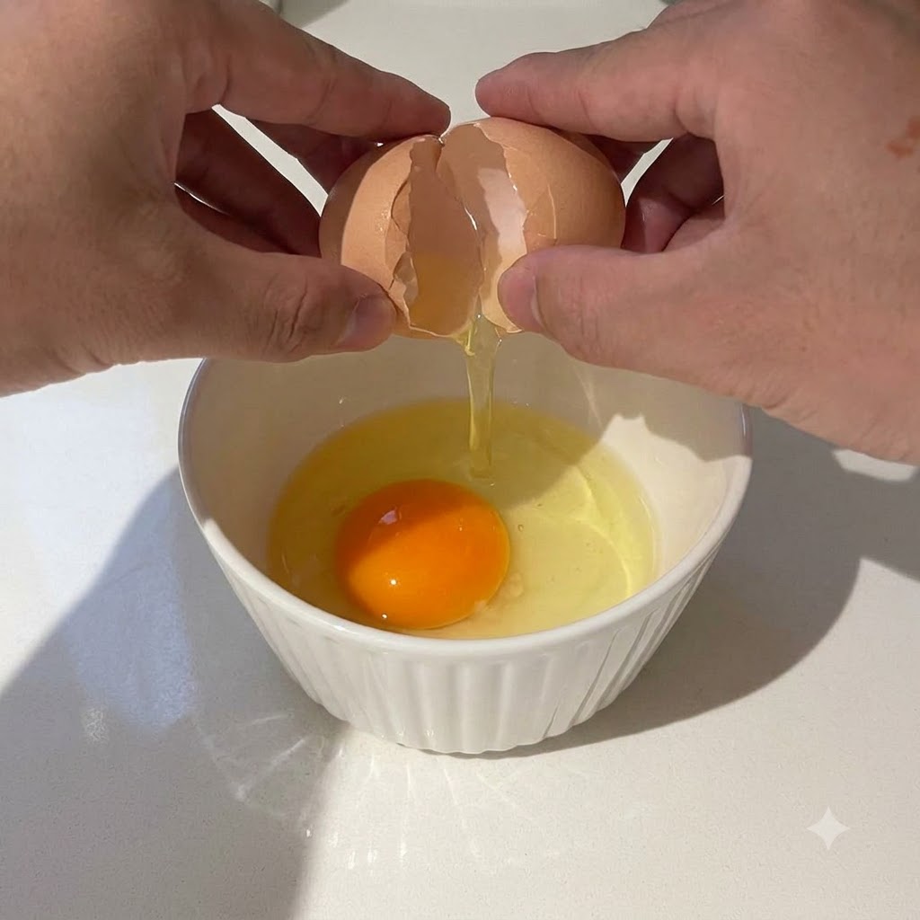A pair of hands cracking an egg into a small white bowl containing another cracked egg.