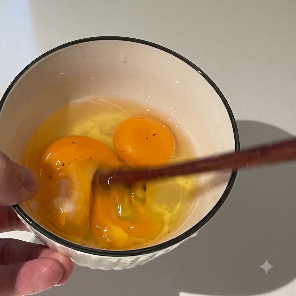 Chopsticks whisking raw eggs inside a white bowl.