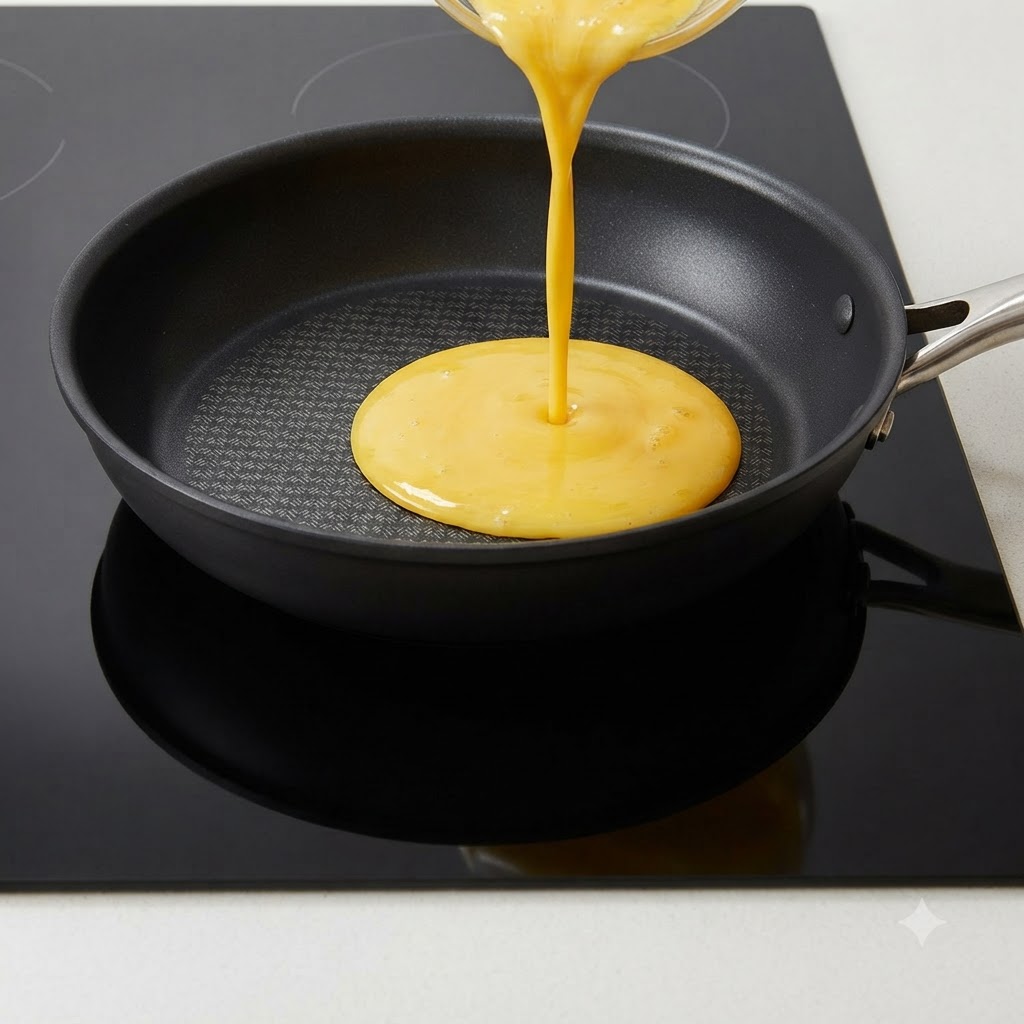 Beaten eggs being poured from a small container into the center of a hot black pan.
