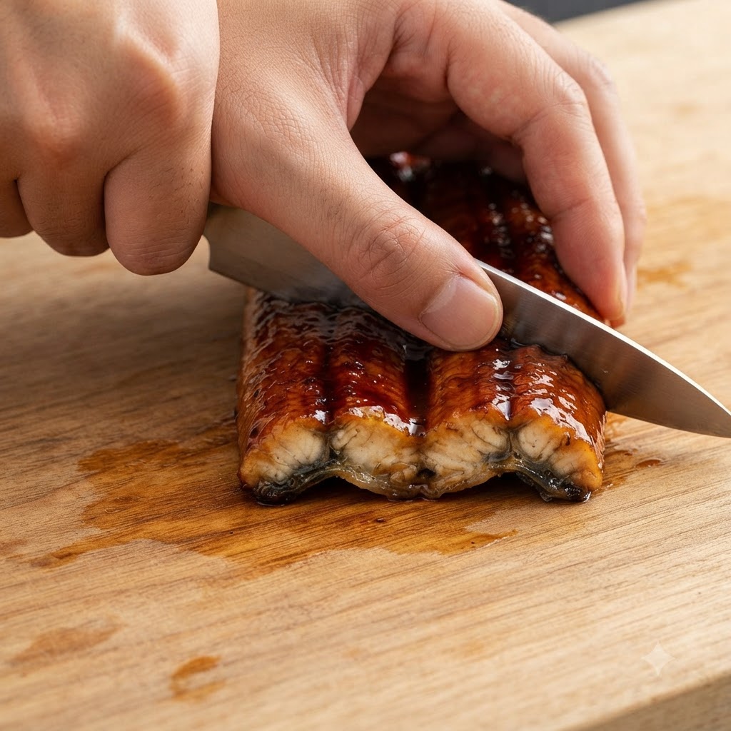 Pre-grilled eel being cut into rectangular blocks on a wooden cutting board with a knife.