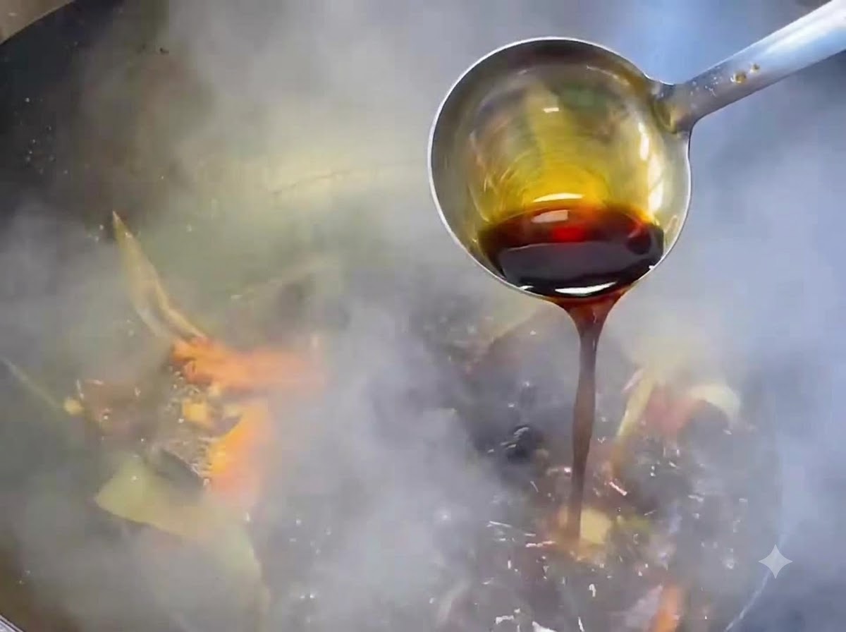 Light soy sauce and sugar being added to the sauce base in a wok.