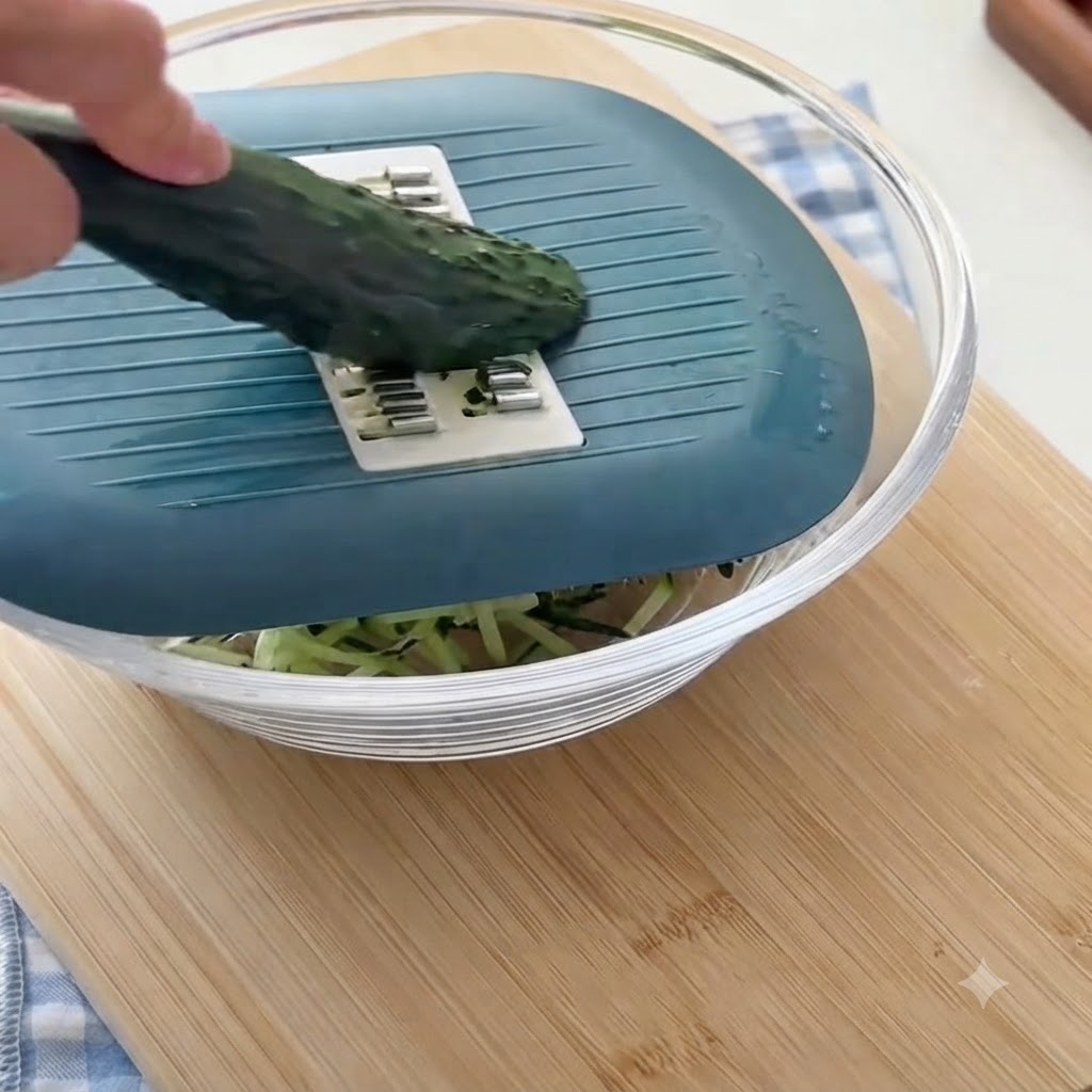 A fresh cucumber being grated into fine pieces using a handheld shredder placed atop a glass bowl.