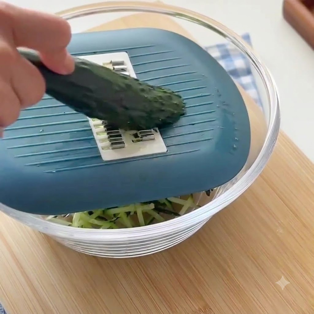 Salt being sprinkled and mixed into a bowl of green shredded cucumber.