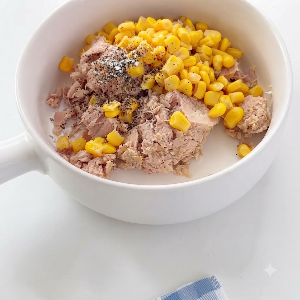 Salad dressing being mixed into the bowl of tuna and corn with a spoon.