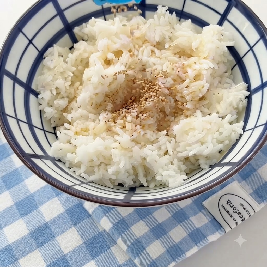 White sesame seeds being sprinkled onto the bowl of rice containing sesame oil.