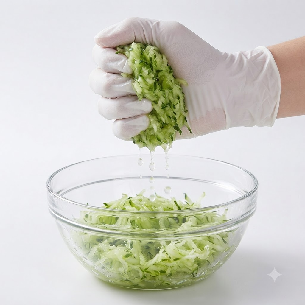 Gloved hands firmly squeezing water out of a handful of shredded green cucumber over a glass bowl.