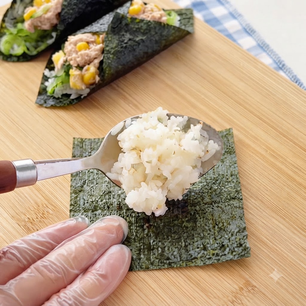 A metal spoon placing a portion of cooked white rice onto a small square piece of nori.