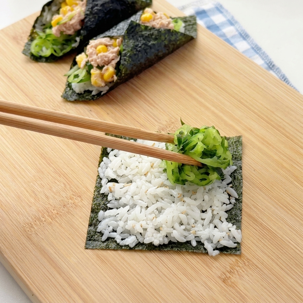 Chopsticks placing a clump of shredded green cucumber onto the rice layer of a nori quarter-sheet.