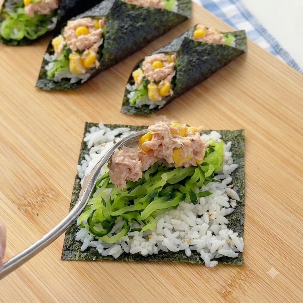 A fork placing a scoop of mixed tuna and corn salad over the cucumber and rice on a nori sheet.