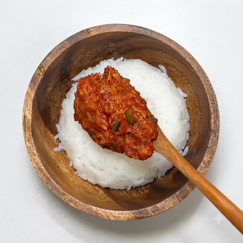 A wooden spoon scooping a portion of cooked spicy tuna onto white rice inside a wooden bowl.