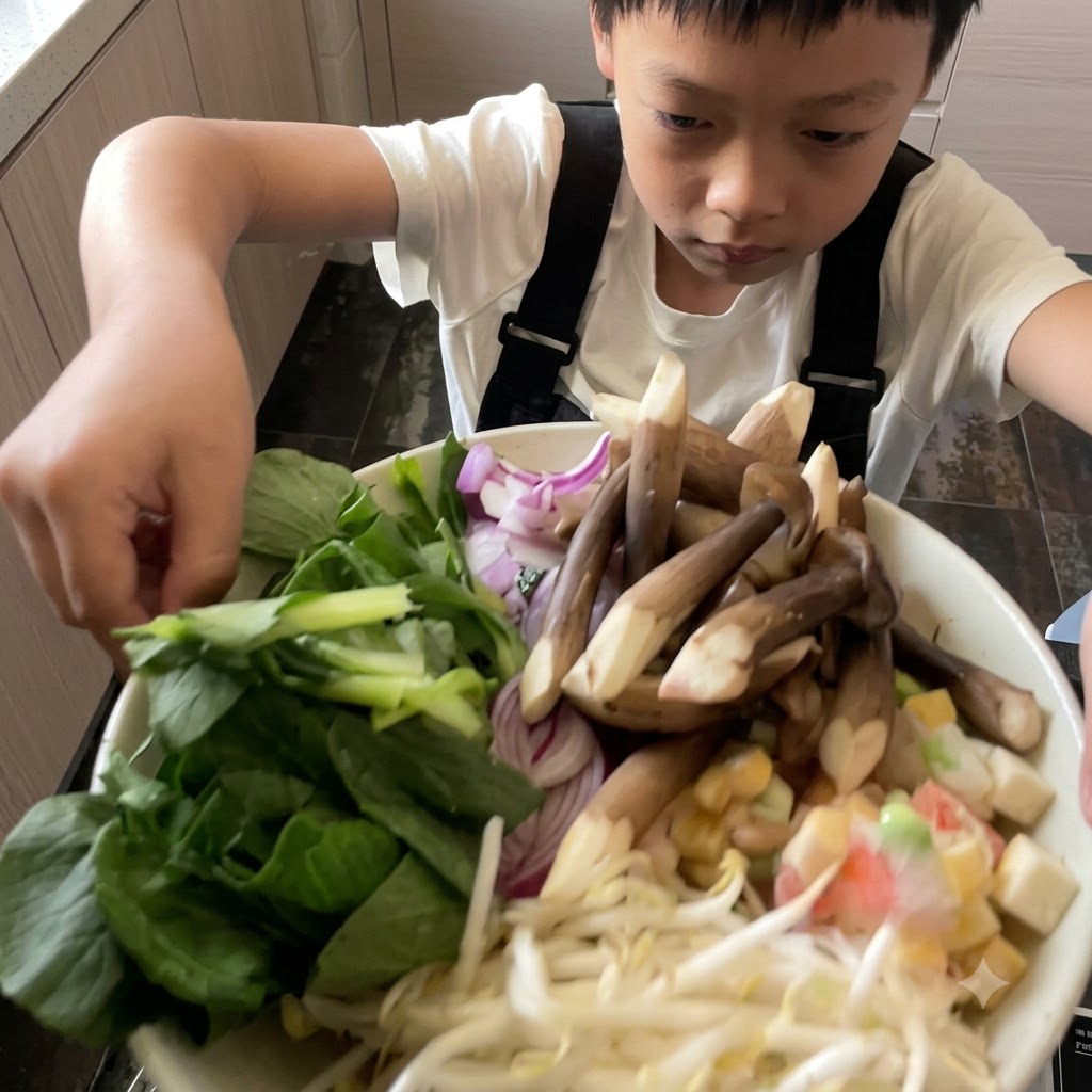 A variety of fresh vegetables, mushrooms, and sliced onions arranged inside a steamer bowl before cooking.