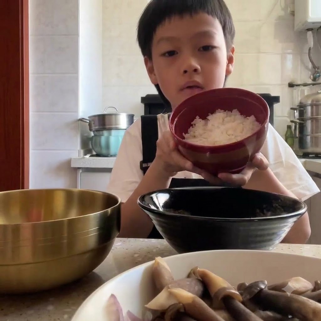 Cooked white rice being transferred from a red bowl into a large black serving bowl.