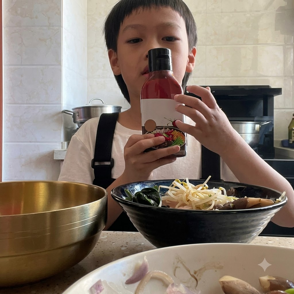 A pair of hands holding a bottle of Korean bibimbap sauce above a bowl of ingredients.