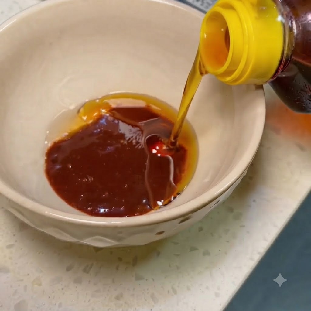 Sesame oil being poured into a small bowl containing bibimbap sauce.