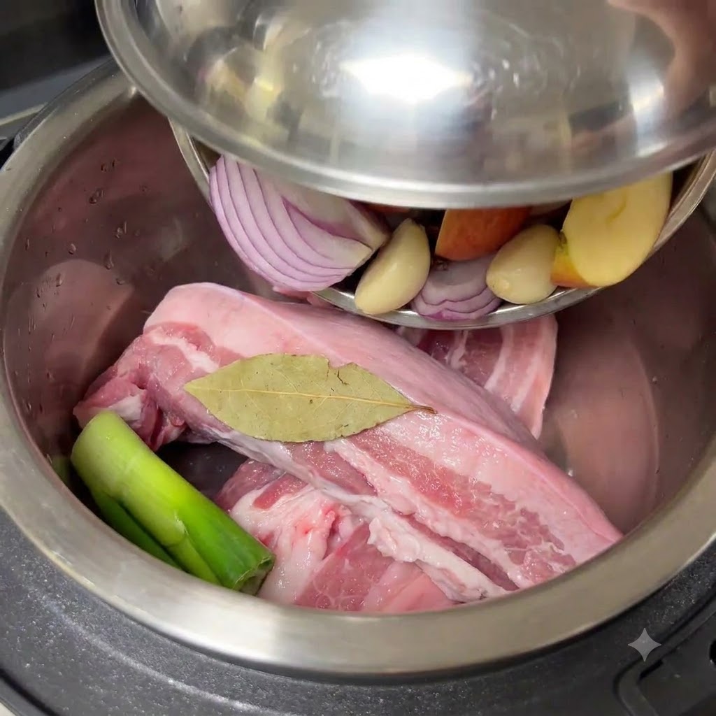 Aromatics being poured from a metal bowl over raw pork belly inside the rice cooker pot.