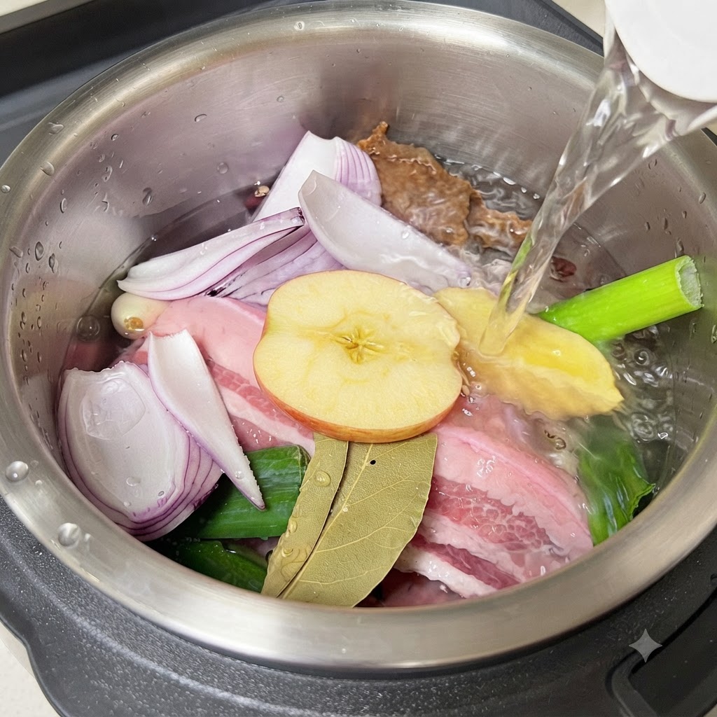 Clear water being poured into the rice cooker over the ingredients.