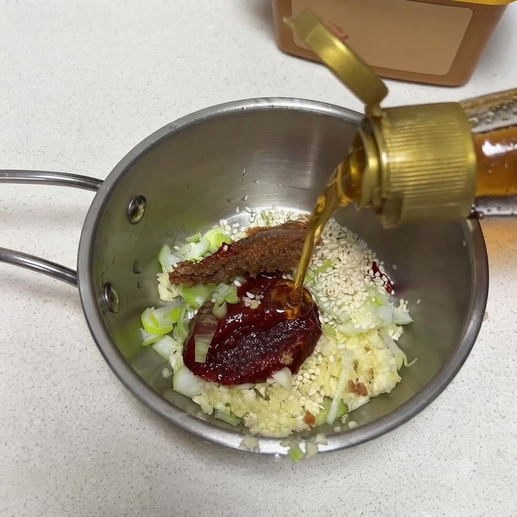 Sesame oil being poured from a bottle into the sauce ingredients in a metal pan.