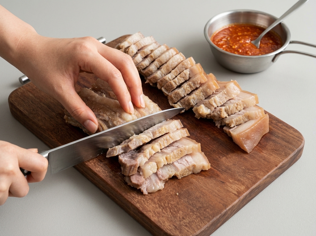 A person using a large knife to slice cooked pork belly into even pieces on a wooden cutting board.