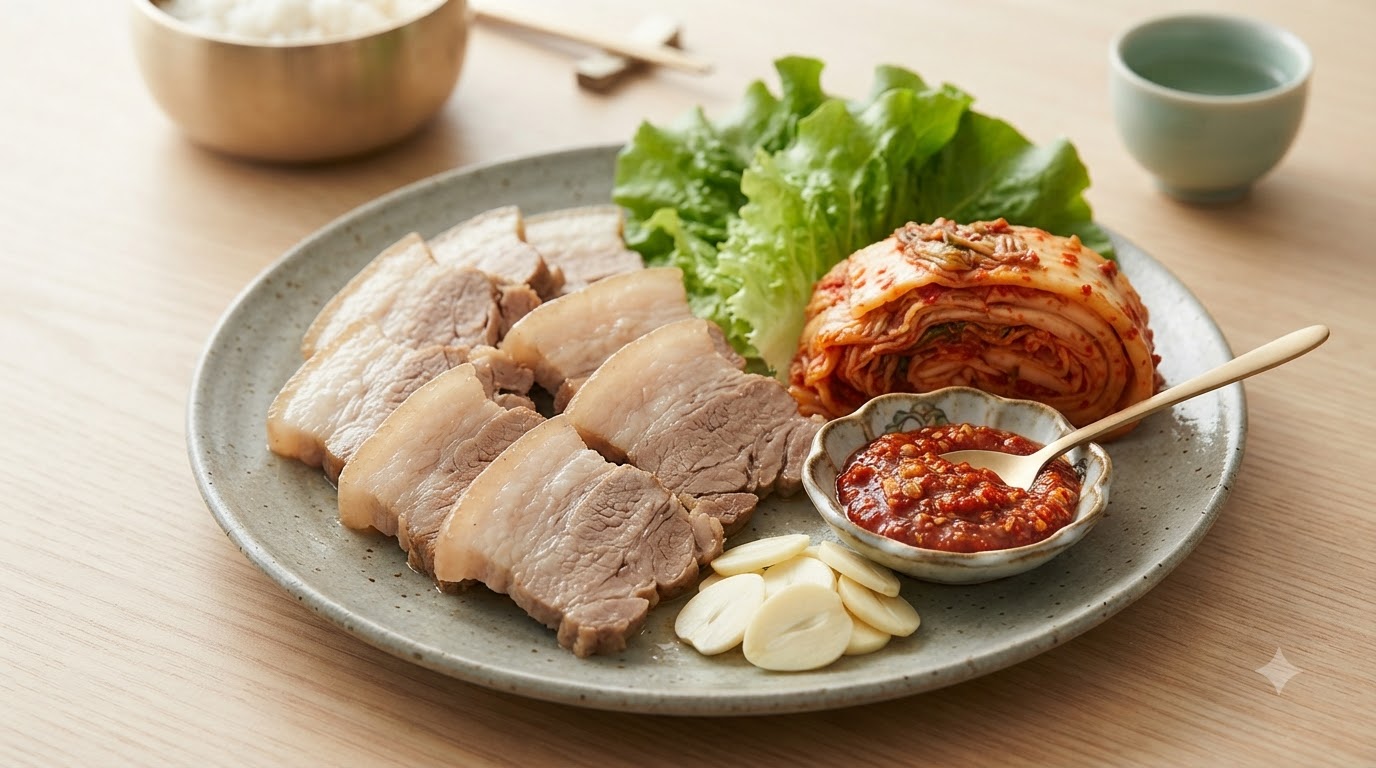 Sliced boiled pork belly served with fresh lettuce, kimchi, garlic, and red chili dipping sauce.