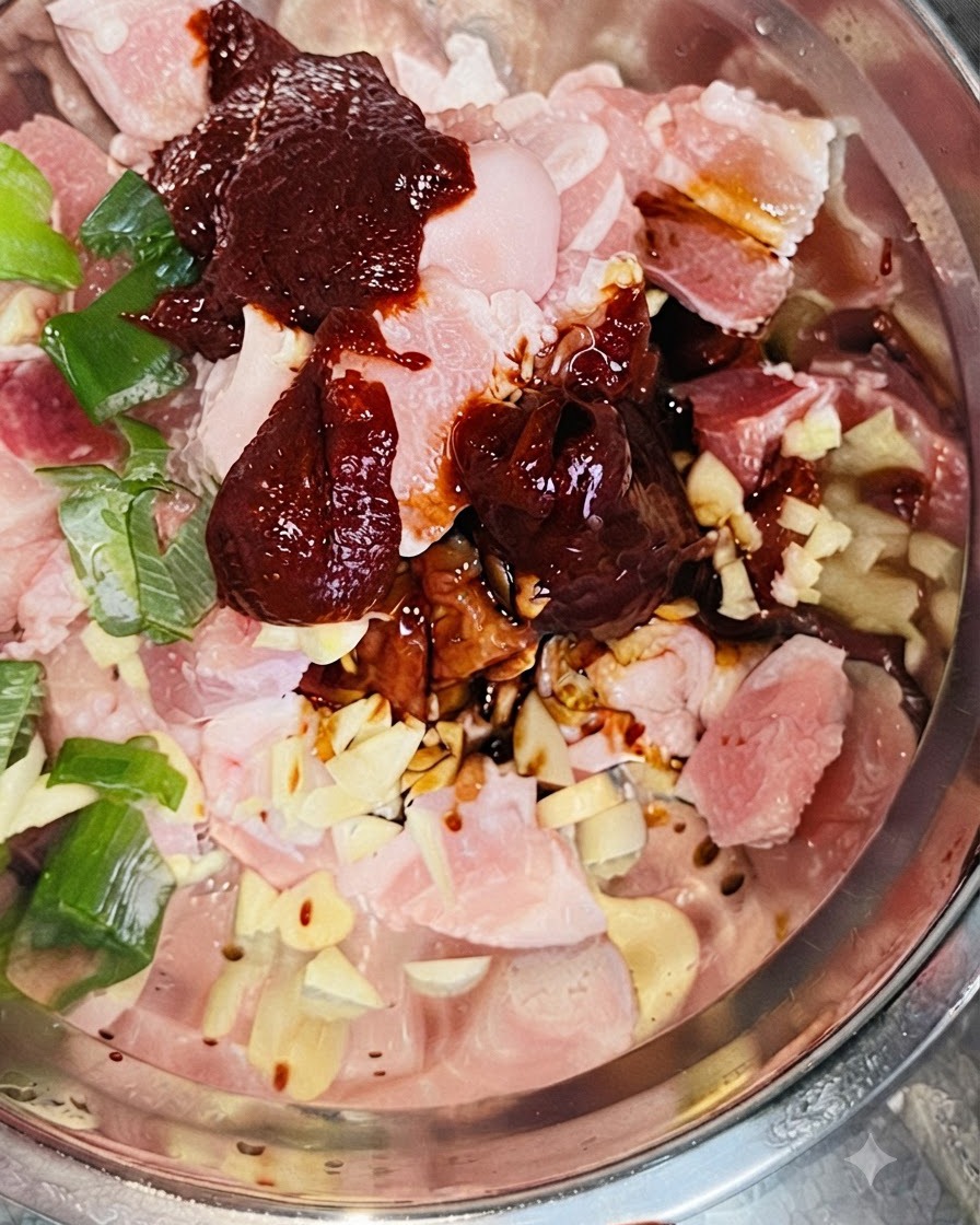 White sugar being poured from a spoon into a metal mixing bowl filled with raw pork belly pieces, dark Korean chili paste, soy sauce, and chopped green onions.