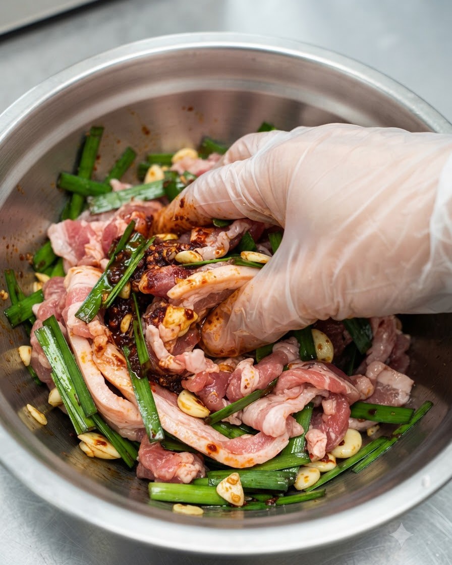 A gloved hand thoroughly tossing and mixing raw pork belly slices with dark red chili paste and green onions inside a stainless steel bowl.