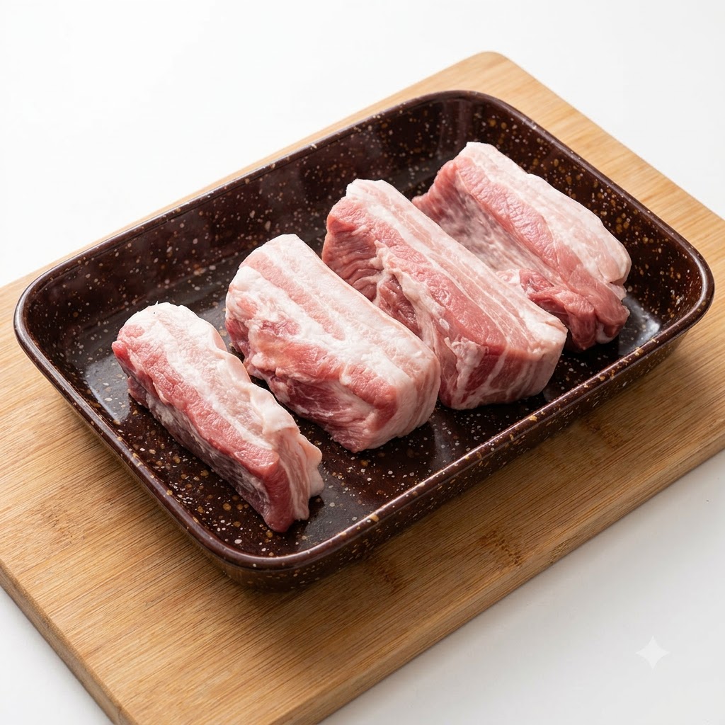 Raw pork belly strips arranged on a dark plate with seasoning being sprinkled from above.