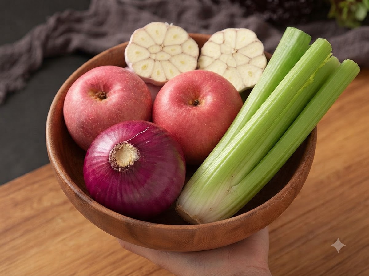 Red apples being chopped into wedges on a wooden board next to garlic and celery.